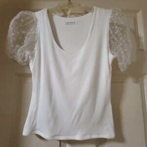 Wasabi + Mint White Short Sheer Dot Mesh Sleeve Scoop Neck Top size Small